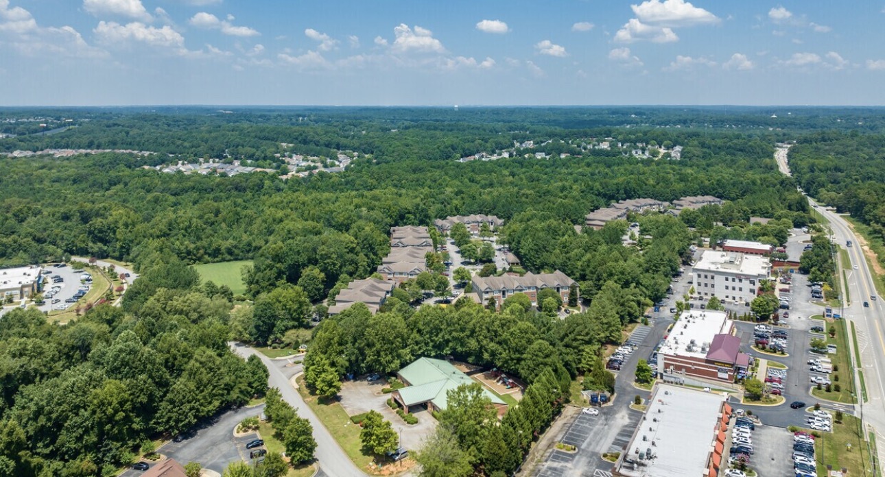Illustrative aerial view of businesses beside a wooded road corridor