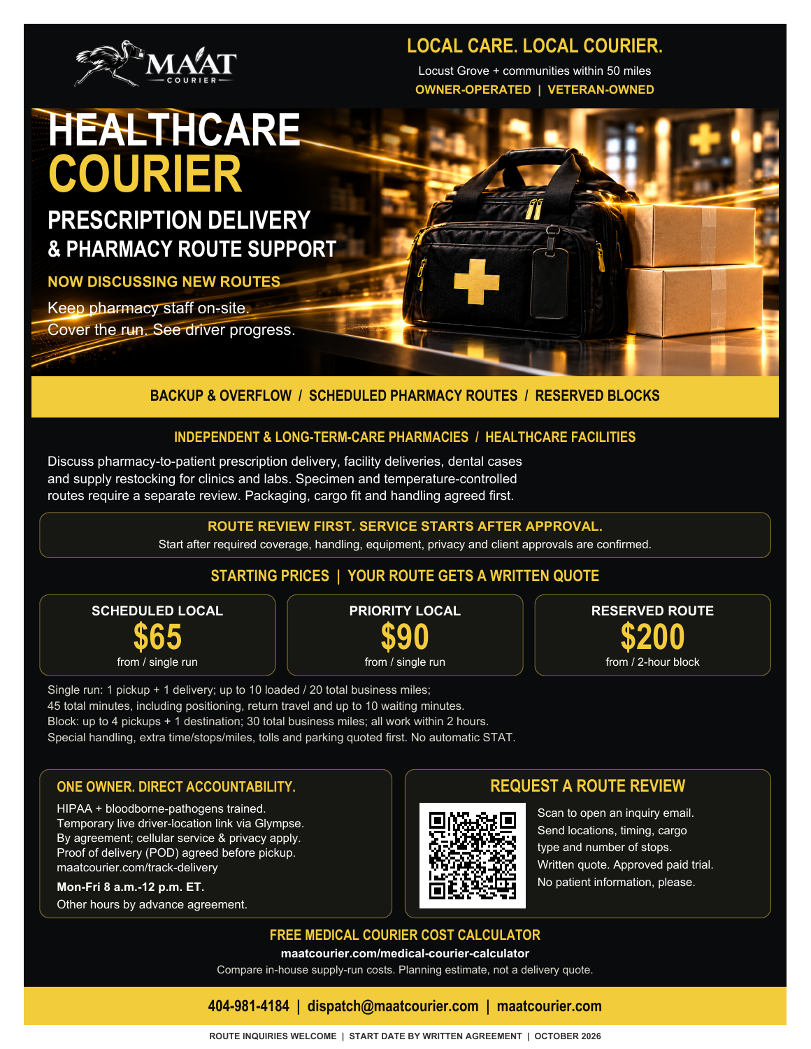 Medical & healthcare delivery black-and-gold flyer; full-size PDF and contact options below